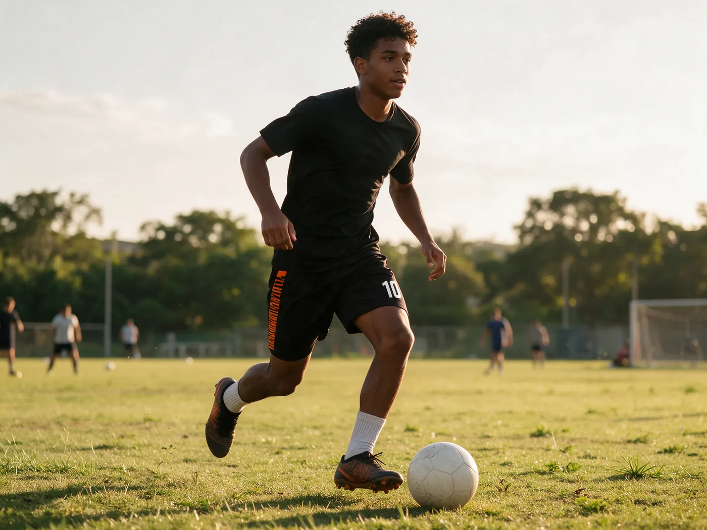 Jogador conduzindo a bola no campo vestindo o calção preto com laterais laranja e número 10